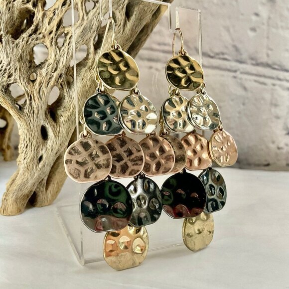 Tri-Tone 2" Chandelier Dangling Hook Earrings - Picture 2 of 4